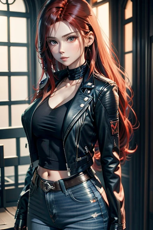 A red-haired woman standing next to a motorcycle, with a black and white background. She is wearing a black leather jacket, tight jeans and high boots, showing a modern and confident biker style. Her long, wavy hair falls freely over her shoulders., standing out in the image with its vibrant red color. The woman looks back with a confident expression and a touch of defiance.