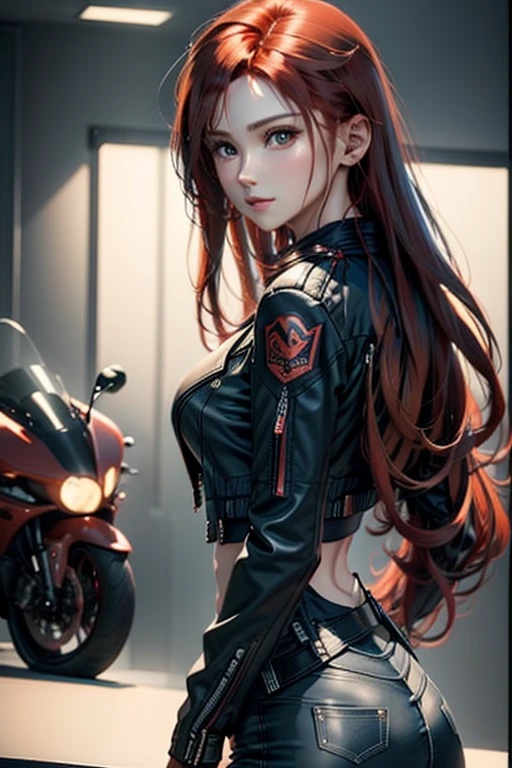 A red-haired woman standing next to a motorcycle, with a black and white background. She is wearing a black leather jacket, tight jeans and high boots, showing a modern and confident biker style. Her long, wavy hair falls freely over her shoulders., standing out in the image with its vibrant red color. The woman looks back with a confident expression and a touch of defiance.