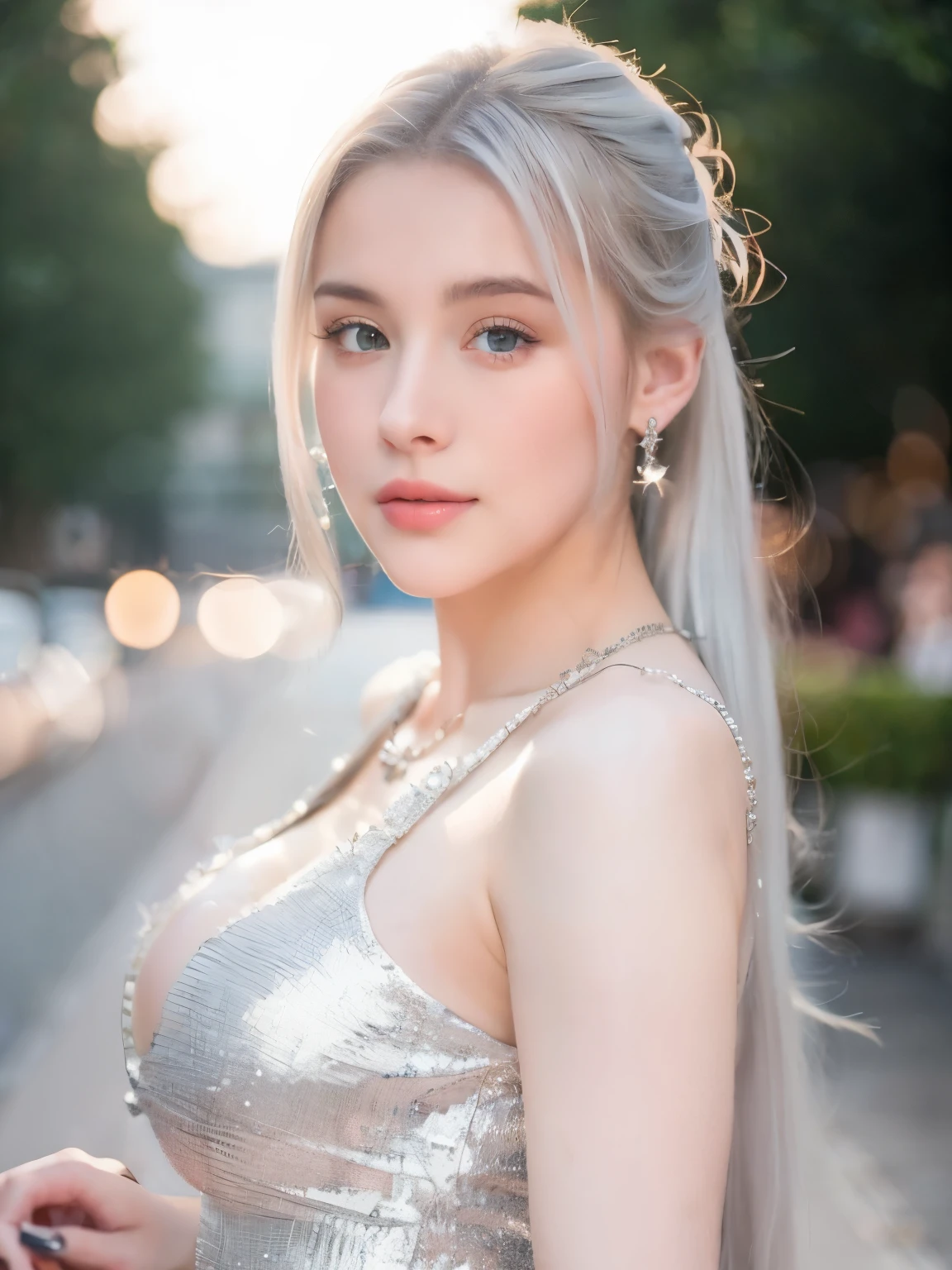 1 woman, beautiful, Young face, 20 years old, white skin, big breasts bare, (The breast is very big.), sexy pose, Cocktail dress, blue eyes, muscle, Bokeh, Crowd background on the road, Masterpiece, ponytail, silver hair, Wear small silver earrings., wearing necklace, straight face portrait