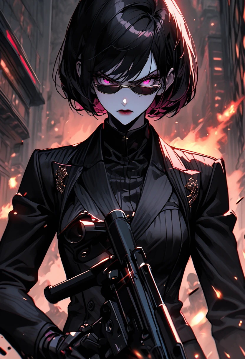 solo, female, tall, elegant, sunglasses, bodyguard, broad shoulders, pixie cut, black hair, pink eyes, pale skin, athletic, very tall, sober feminine suit, black clothes, angry, determined, medium shot, luxurious hotel, classy, professional, close up, firing combat shotgun, combat robot, firefight