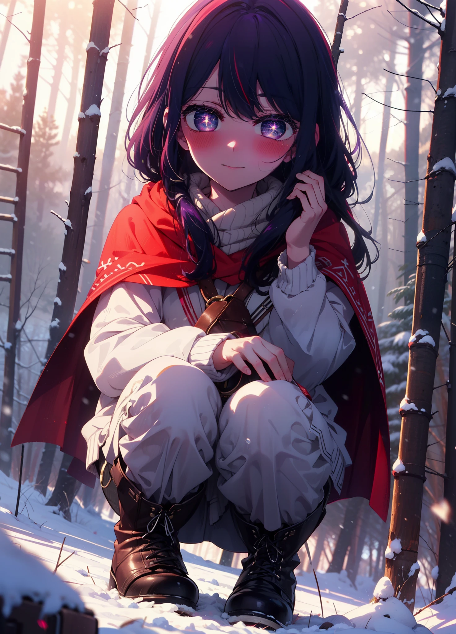 aihoshino, Ai Hoshino, Long Hair, bangs, (Purple eyes:1.1), Purple Hair, (Symbol-shaped pupil:1.5), smile,,smile,blush,white breath,
Open your mouth,snow,Ground bonfire, Outdoor, boots, snowing, From the side, wood, suitcase, Cape, Blurred, , forest, White handbag, nature, Squat, Mouth closed, Cape, winter, Written boundary depth, Black shoes, red Cape break looking at viewer, Upper Body, whole body, break Outdoor, forest, nature, break (masterpiece:1.2), Highest quality, High resolution, unity 8k wallpaper, (shape:0.8), (Beautiful and beautiful eyes:1.6), Highly detailed face, Perfect lighting, Highly detailed CG, (Perfect hands, Perfect Anatomy),