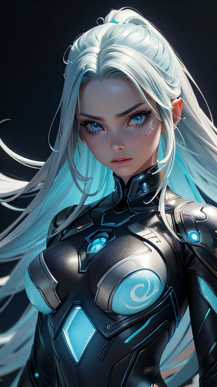 a highly detailed and cinematic sci-fi avatar, facial features with extreme realism, flawless skin, piercing eyes, flowing hair, intricate costume design, futuristic technology, glowing energy effects, dramatic lighting, cinematic composition, hyper-realistic, 8k, masterpiece