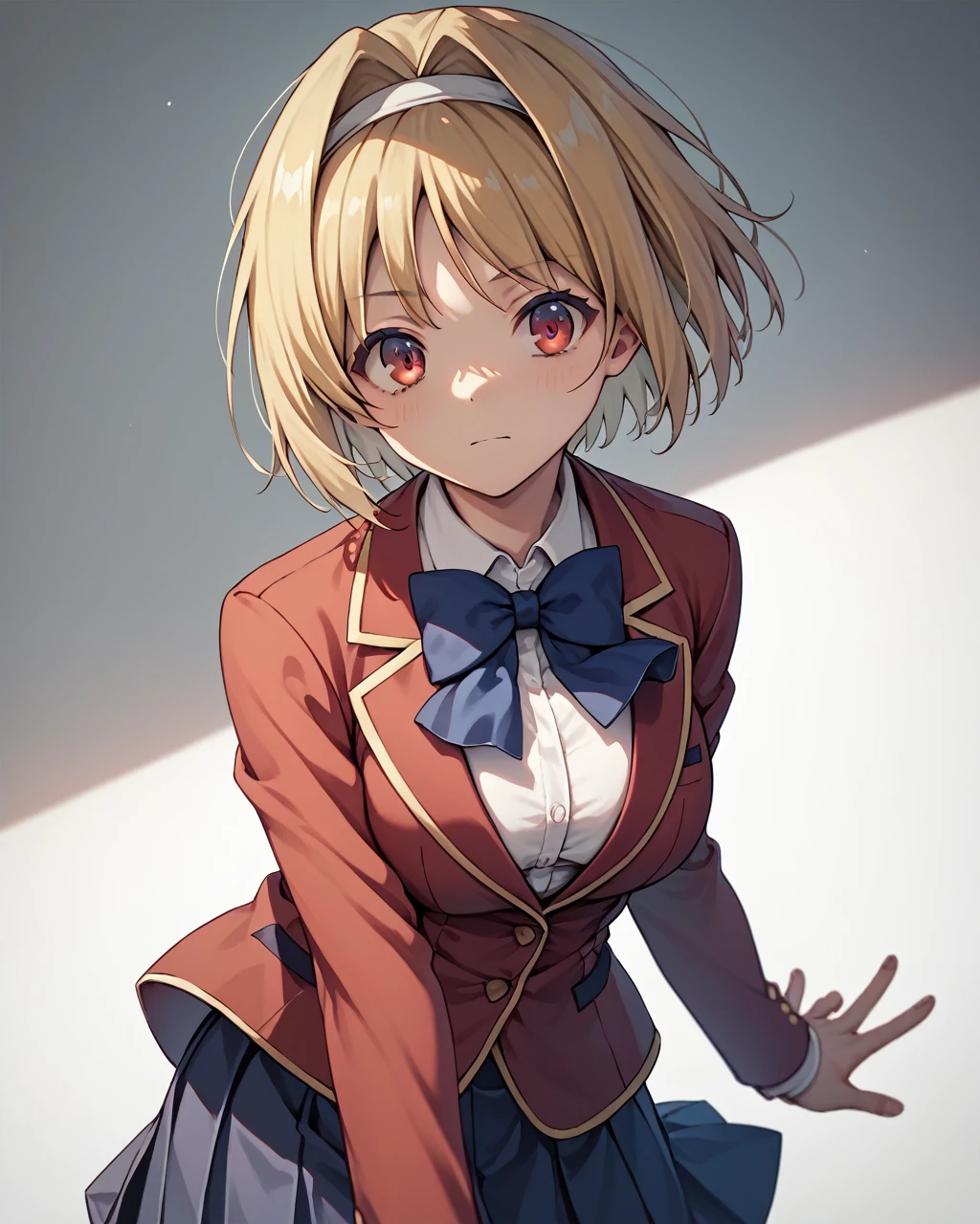 score_9, score_8_up, score_7_up,
kushida kikyou,1girl, solo, red eyes,short hair, blonde hair,white hairband,hair intakes,school uniform,white shirt, bowtie, blue bow,blazer,skirt, red jacket,