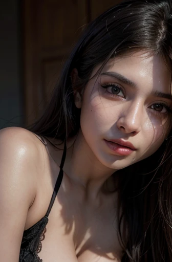 a beautiful woman with long brown hair, Mia Khalifa wearing a black lace bra, nipples revealing, sensual pose, detailed face, beautiful eyes, lips, and skin, hyper realistic, 8k, photorealistic, cinematic lighting, dramatic shadows, warm color tones, intricate details, elegant, erotic, alluring