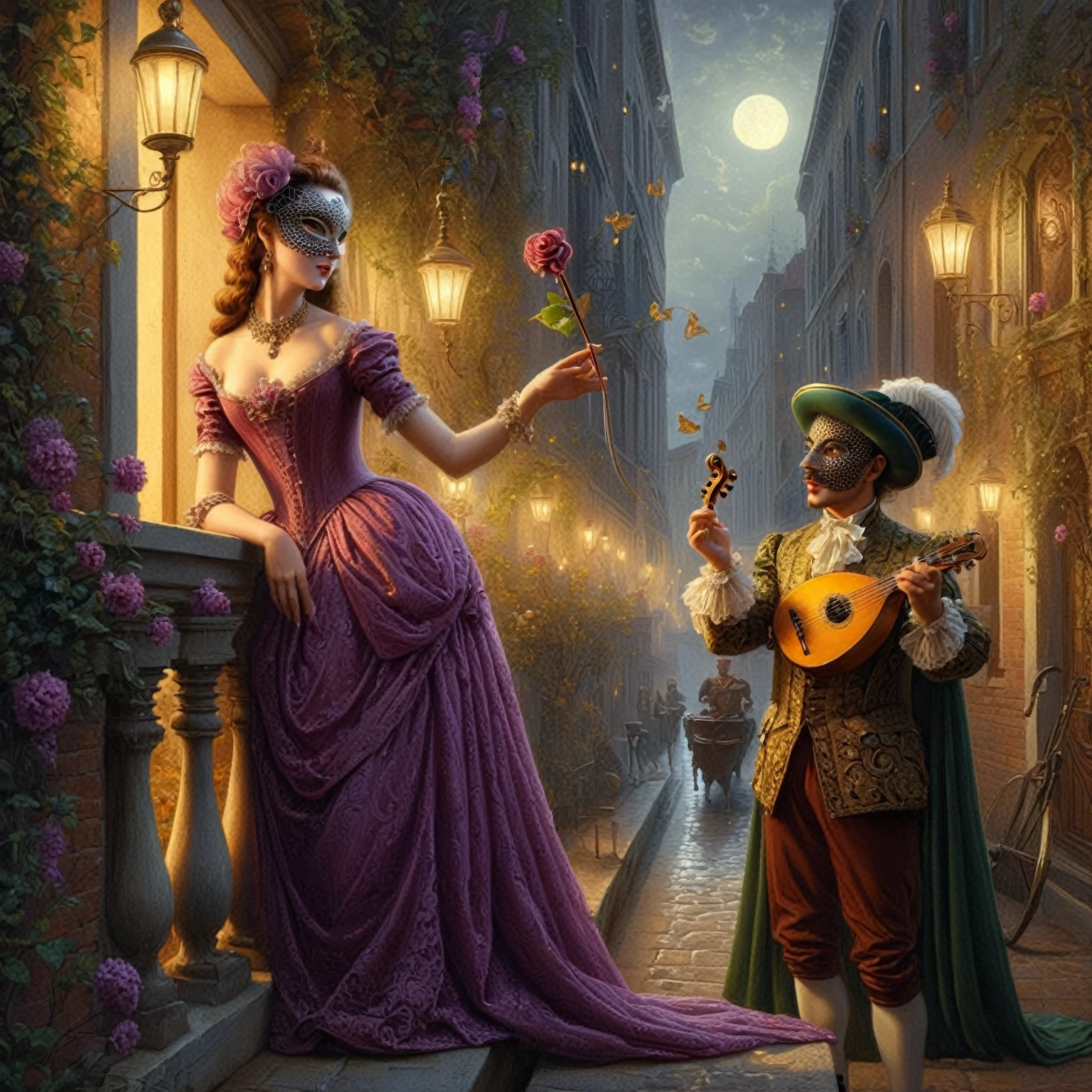 painting of a man and woman in costumes playing music on a balcony, michael cheval (unreal engine, fantasy victorian art, by Alexander Kucharsky, romantic era painting, romantic painting, inspired by Michael Cheval, beautiful digital artwork, beautiful fantasy art, very beautiful fantasy art, renaissance digital painting, baroque digital painting, realistic fantasy illustration, romantic scene