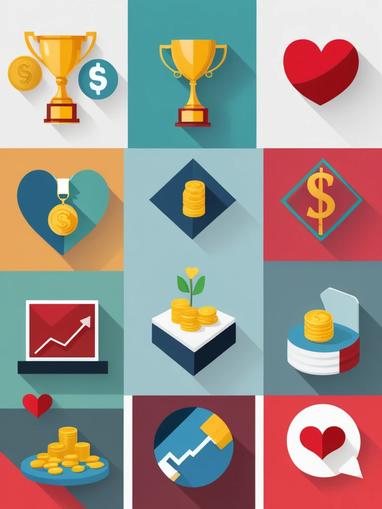 Collage of icons representing success: trophy, Ascending chart, chave, Heart, Money symbol