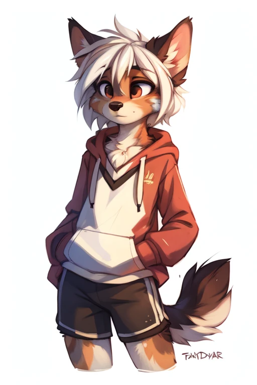 (((White background, no background))), High quality, 8K, by kenket, by swaybat, by reysi, by Zackary911, by hyattlen, by teranen, by fumiko, by Pixelsketcher, by Bayard Wu, by Einshelm, by Kilinah, by Hioshiru, by fluff-kevlar, by Dimwitdog, Furry, Anthro, solo, ((australian shepard)), ((female)), ((young)), fluffy tail, slender, ((short white hair)), chest fluff, short, small breasts, hoodie, track shorts, bored, uninterested, university,