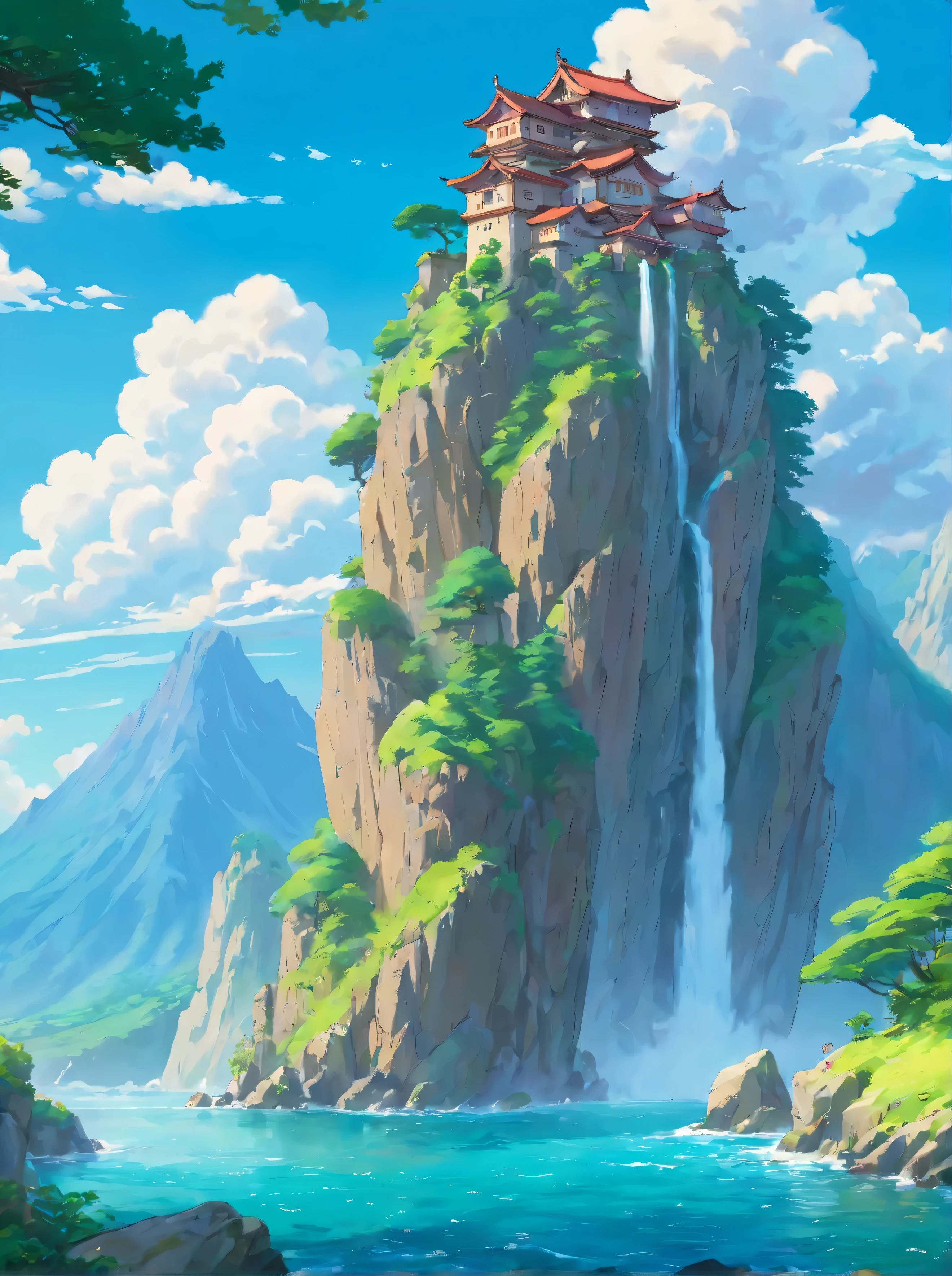 ({{highres,}},masterpiece,ultra-detailed,best quality,8k)cloud, sky, scenery, day, blue_sky, mountain, cloudy_sky, outdoors, waterfall, fantasy, horizon, cliff, rock, water, landscape, mountainous_horizon, ocean, tree, river, floating_island