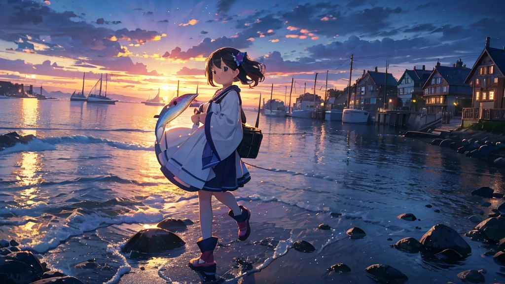 {{{Masterpiece, highest quality, high resolution background}}}, bright and beautiful atmosphere, 1 girl (7 years old, round face, baby face), small breasts, port town, cobblestone corridor, girls running towards the sea, big "deltamon_sdXL :0.73) >Deltamon" where multiple men are carrying fish.