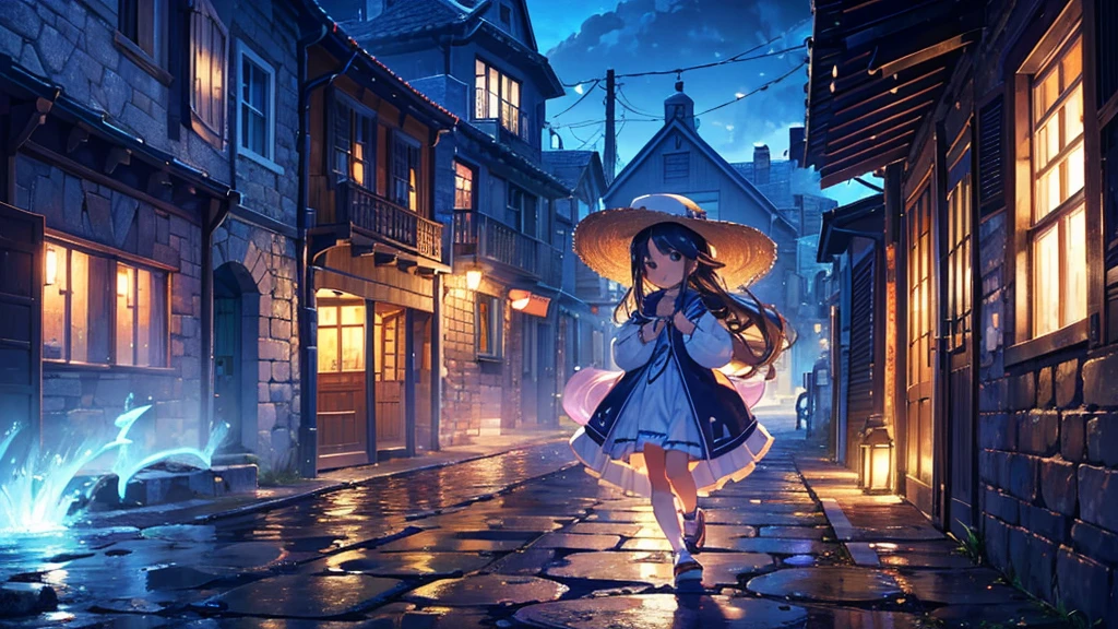 {{{Masterpiece, highest quality, high resolution background}}}, bright and beautiful atmosphere, 1 girl (7 years old, round face, baby face), small breasts, port town, cobblestone corridor, girls running towards the sea, big "deltamon_sdXL :0.73) >Deltamon" where multiple men are carrying fish.