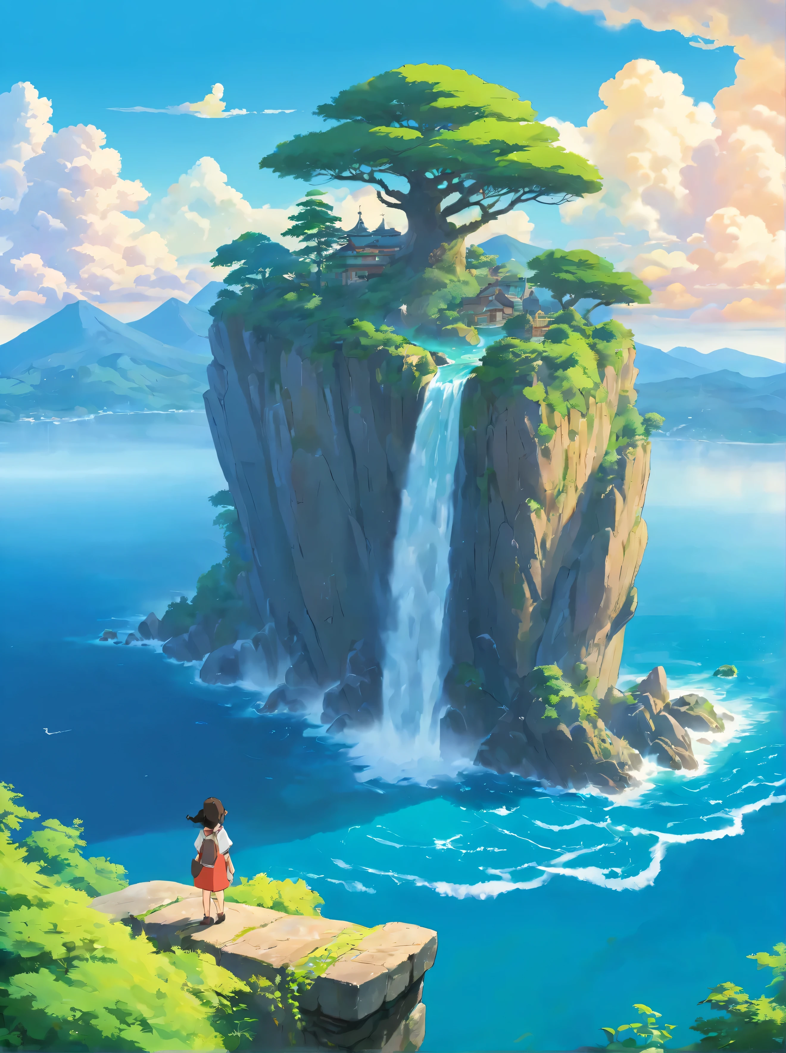 ({{highres,}},masterpiece,ultra-detailed,best quality,8k)cloud, sky, scenery, day, blue_sky, mountain, cloudy_sky, outdoors, waterfall, fantasy, horizon, cliff, rock, water, landscape, mountainous_horizon, ocean, tree, river, floating_island