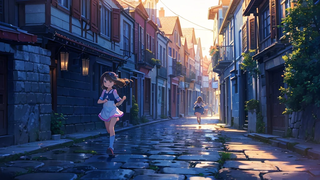 {{{Masterpiece, highest quality, high resolution background}}}, bright and beautiful atmosphere, 1 girl (7 years old, round face, baby face), small breasts, port town, cobblestone corridor, girls running towards the sea, big "deltamon_sdXL :0.73) >Deltamon" where multiple men are carrying fish.