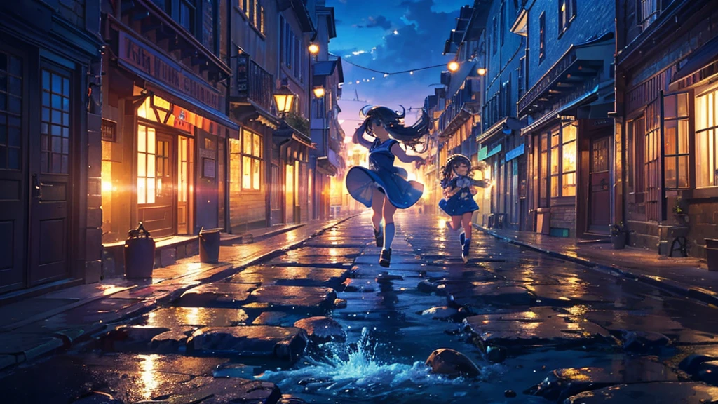 {{{Masterpiece, highest quality, high resolution background}}}, bright and beautiful atmosphere, 1 girl (7 years old, round face, baby face), small breasts, port town, cobblestone corridor, girls running towards the sea, big "deltamon_sdXL :0.73) >Deltamon" where multiple men are carrying fish.