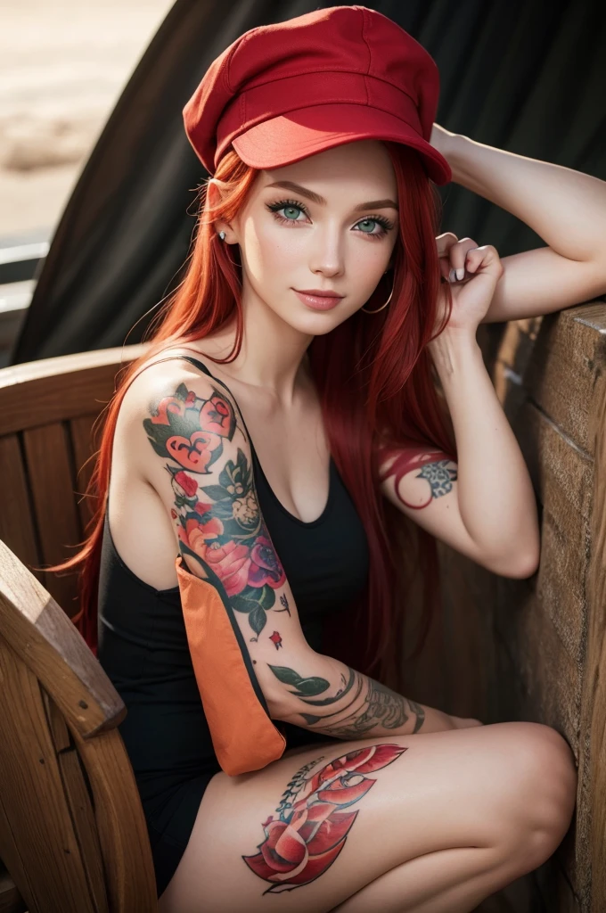 Woman, redheadwear, skin fair, greeneyes, fine nose, tattoo on arm, ssmile