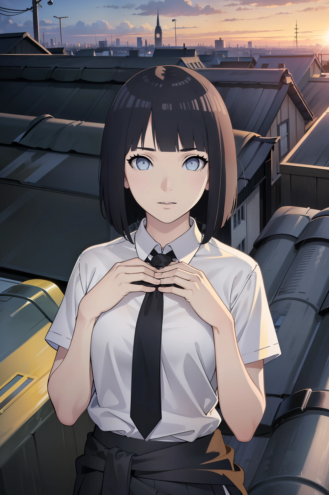 (black hair:1.5), (short hair:1.3), white eyes, ((mature female)), 
BREAK (school uniform, white shirt, necktie, black necktie, black skirt, short sleeves, clothes around waist:1.2),
BREAK (Standing:1.2), ((Night city view, Rooftop:1.3)),
BREAK (masterpiece:1.2), best quality, high resolution, unity 8k wallpaper, (illustration:0.8), (beautiful detailed eyes:1.6), extremely detailed face, perfect lighting, extremely detailed CG, (perfect hands, perfect anatomy),