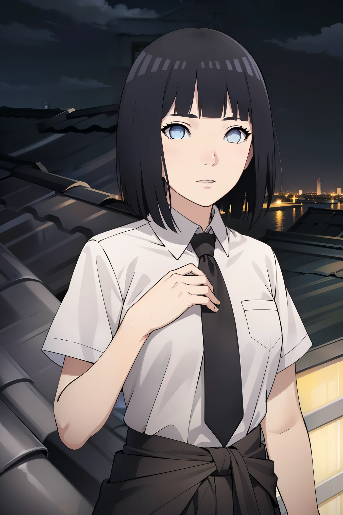 (black hair:1.5), (short hair:1.3), white eyes, ((mature female)), 
BREAK (school uniform, white shirt, necktie, black necktie, black skirt, short sleeves, clothes around waist:1.2),
BREAK (Standing:1.2), ((Night city view, Rooftop:1.3)),
BREAK (masterpiece:1.2), best quality, high resolution, unity 8k wallpaper, (illustration:0.8), (beautiful detailed eyes:1.6), extremely detailed face, perfect lighting, extremely detailed CG, (perfect hands, perfect anatomy),