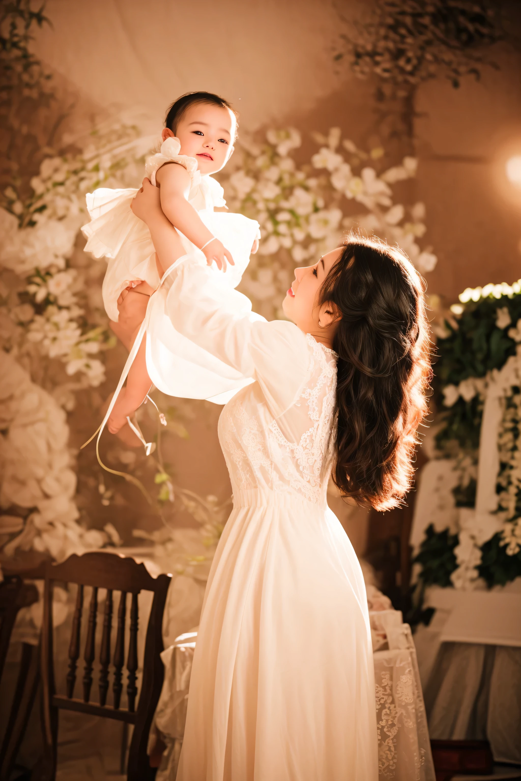 bride holding up a baby in the air at a wedding, maternal photography 4 k, photo taken with nikon d750, photo taken with nikon d 7 5 0, delicate soft hazy lighting, soft ethereal lighting, inspired by Pierre Auguste Cot, anna nikonova, photo of a beautiful, playful!!!, motherly, innocence