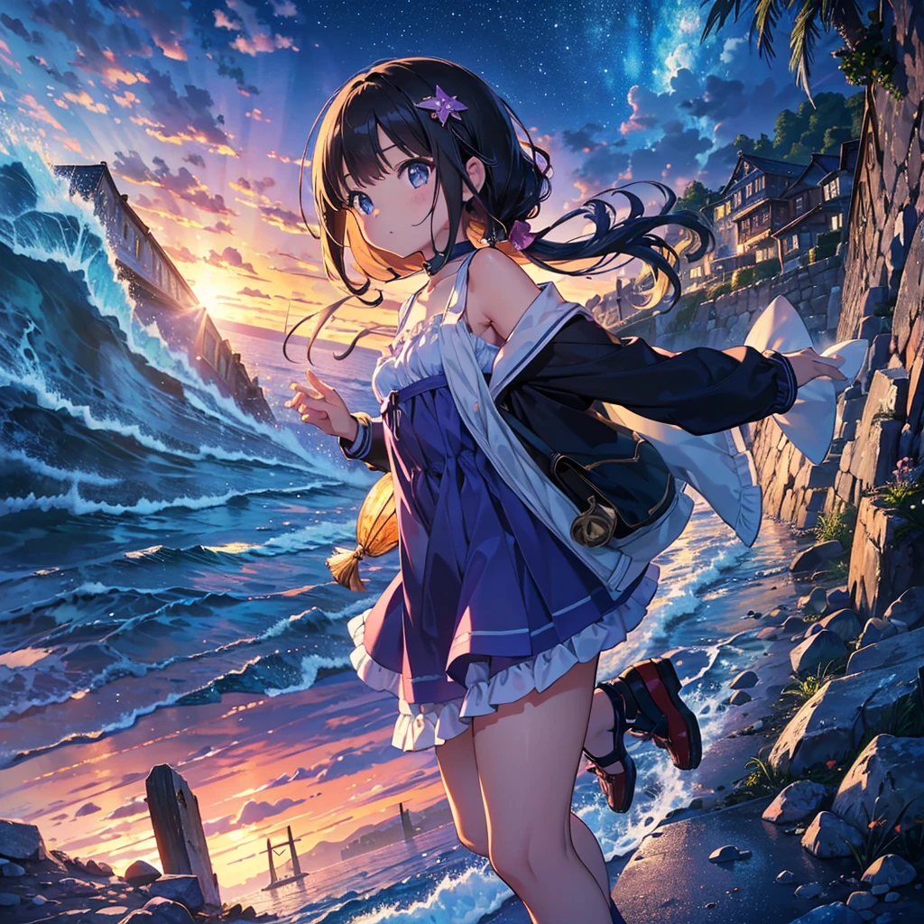 {{{Masterpiece, highest quality, high resolution background}}}, bright and beautiful atmosphere, 1 girl (7 years old, round face, baby face), small breasts, port town, cobblestone corridor, girls running towards the sea, big "deltamon_sdXL :0.73) >Deltamon" where multiple men are carrying fish.