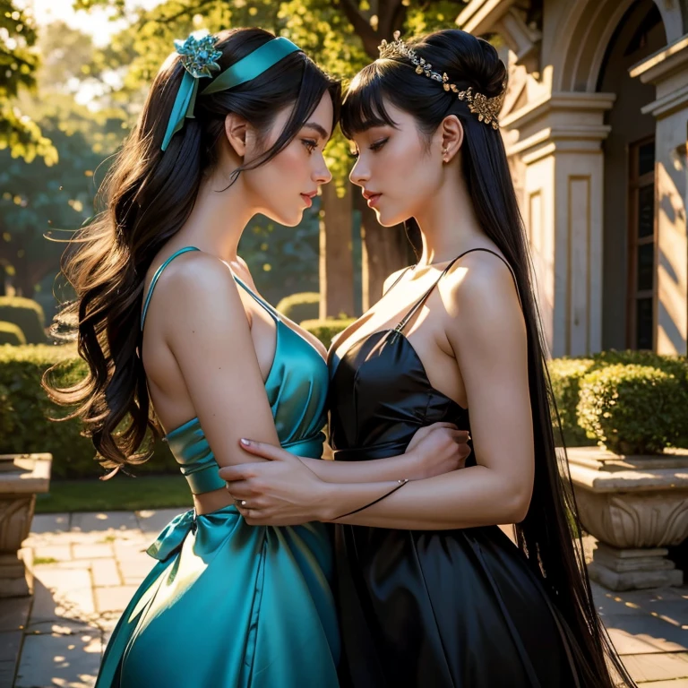 (​masterpiece, best quality:1.5), highest quality, High resolution, super detailed, Realists, Upper body photo of a black-haired woman, detailed and beautiful eyes, beautiful detailed lips, very detailed eyes and face, longeyelashes, Woman in shiny satin evening dress, blue satin bows around the belly, Beautiful and colorful makeup, long open hair with satin headband, elegant and noble々Pose, shiny satin headband, Gardens as background, soft daylight, bright colors, fine brushstrokes, Portrait style, Noble details in the dress fabric, beautiful color palette, glowing skin, First-class rendering, that captures every detail, enchanting atmosphere, subtle shadows and lights, (perfect anatomy:1.2), (Two stunning women are deeply in love:1.4), (kiss:1.2), (magnificent panorama view:1.2)