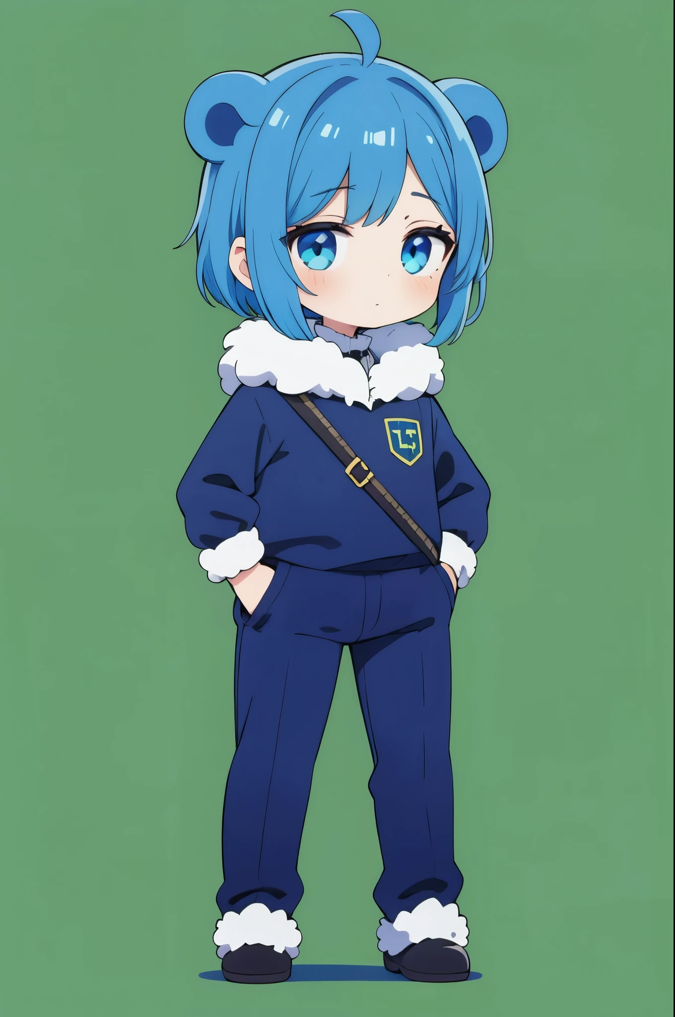 1boy,blue hair,bear style,standing, from front ,full body,green background