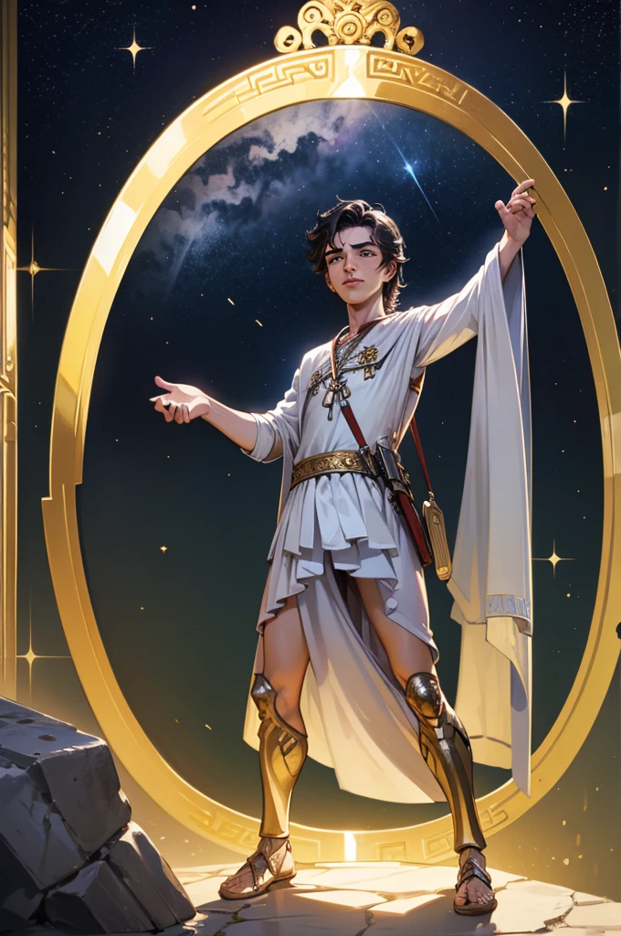 ((Best Quality)), ((artwork)), (detailed), Greek mythology, a young Alexander dreaming of conquering the world under the stars of the ancient kingdom white robes full body