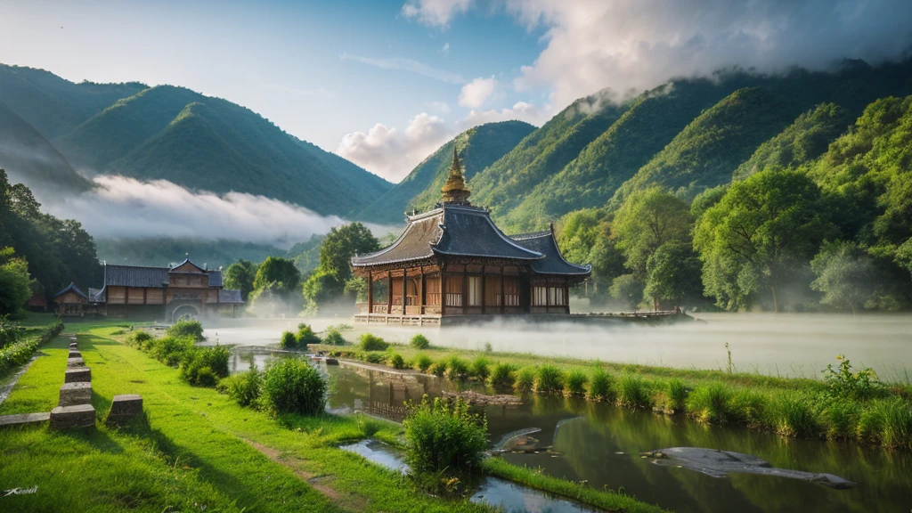 Natural beauty, Belgian ancient village. the stream. Cloud, Temple. mountain. at hồ, Mystical beauty, Aerial view, 8k