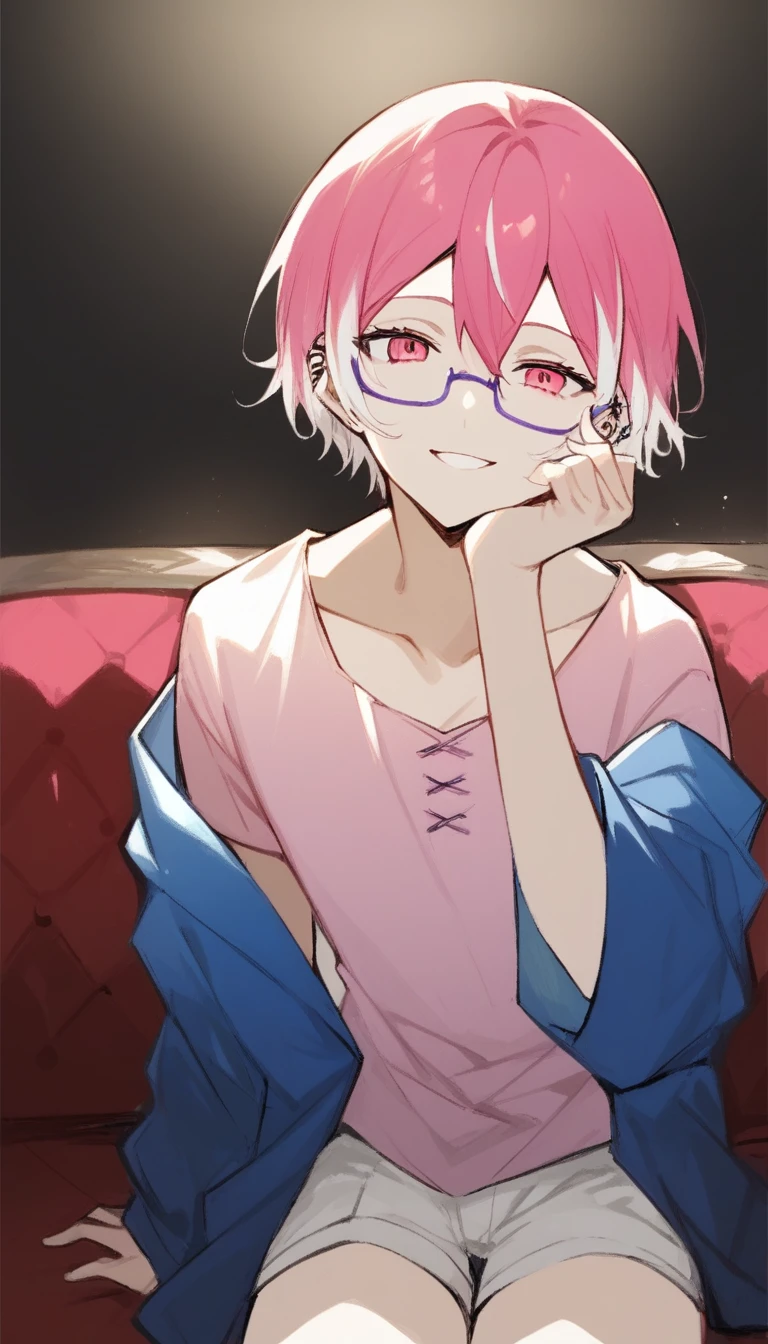 a young man with medium pink hair and some white highlights, UP TO THE NECK, piercings na orelha, hot pink eyes, short clothing. your chin rests under your hands in a perverted way. the pink, red and orange are colors present in her sexy and short outfit, next to clear and purple glasses. He smiles mischievously and seductively, sitting on the big sofa with elbow on the arm of the sofa. femboy, 精致的面容. white short shorts, short pink blouse, open blue jacket. sexy boy. detailled image, HD. cute smile.  clear living room, comfortable environment, sofá fofthe pink, sitting not sofa, sorriso sexy.