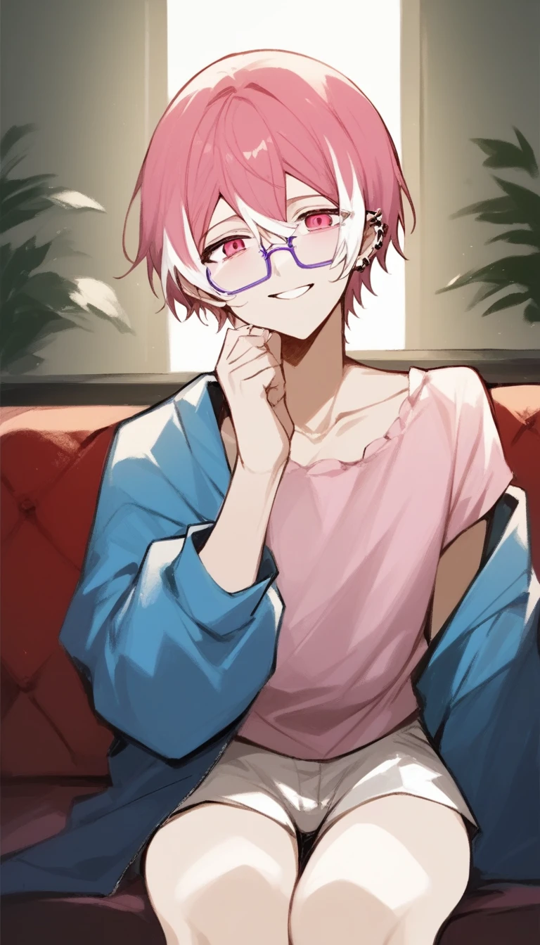 a young man with medium pink hair and some white highlights, UP TO THE NECK, piercings na orelha, hot pink eyes, short clothing. your chin rests under your hands in a perverted way. the pink, red and orange are colors present in her sexy and short outfit, next to clear and purple glasses. He smiles mischievously and seductively, sitting on the big sofa with elbow on the arm of the sofa. femboy, 精致的面容. white short shorts, short pink blouse, open blue jacket. sexy boy. detailled image, HD. cute smile.  clear living room, comfortable environment, sofá fofthe pink, sitting not sofa, sorriso sexy.