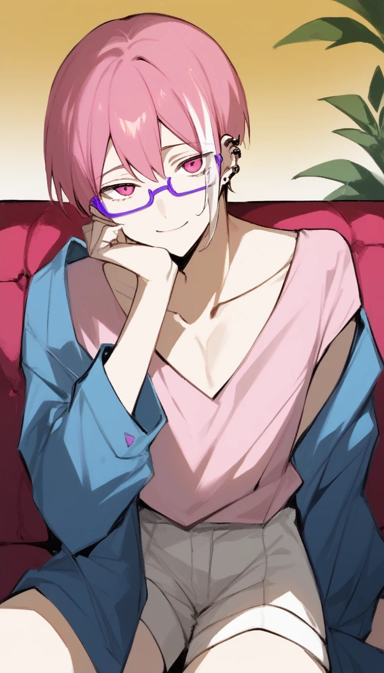 a young man with medium pink hair and some white highlights, UP TO THE NECK, piercings na orelha, hot pink eyes, short clothing. your chin rests under your hands in a perverted way. the pink, red and orange are colors present in her sexy and short outfit, next to clear and purple glasses. He smiles mischievously and seductively, sitting on the big sofa with elbow on the arm of the sofa. femboy, 精致的面容. white short shorts, short pink blouse, open blue jacket. sexy boy. detailled image, HD. cute smile.  clear living room, comfortable environment, sofá fofthe pink, sitting not sofa, sorriso sexy.