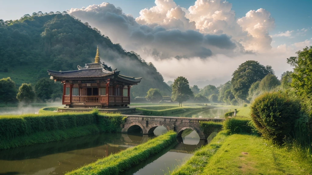 Natural beauty, Belgian ancient village. the stream. Cloud, Temple. mountain. at hồ, Mystical beauty, Aerial view, 8k