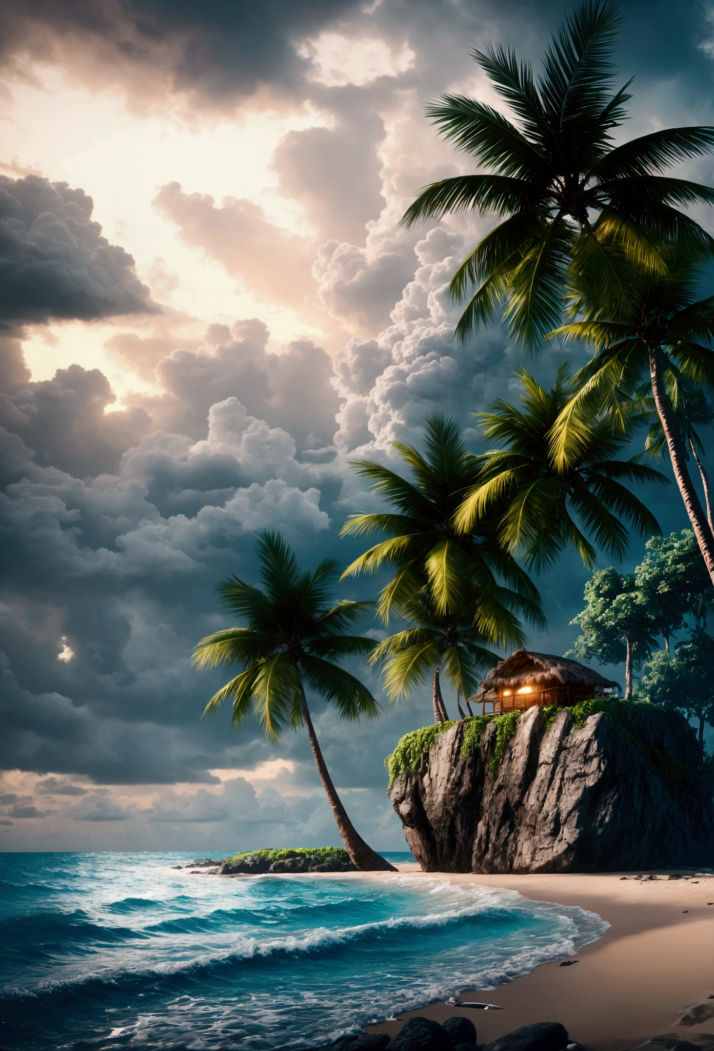 tropical island, stormy wheather, standing next to the shore, ultra realistic