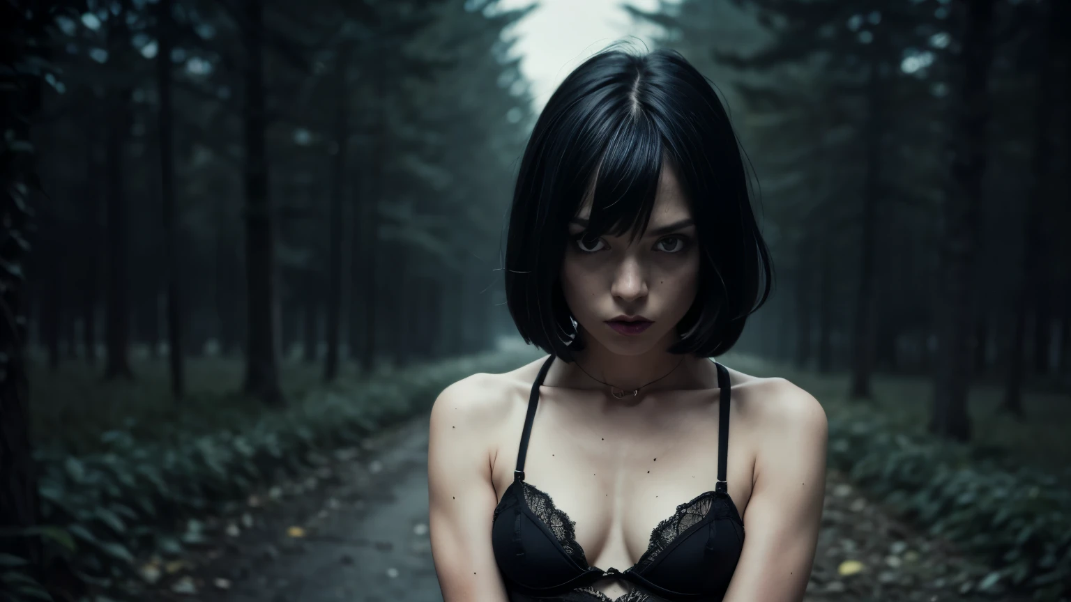 (Best Quality,hight resolution,Masterpiece, half body shot:1.2),Ultra-detailed,woman dressed in black thong and fishnet top,sickly,standing in a dark creepy cornfield at night, she's wearing a very sexy high waisted g-string black thong, corn field behind her, very high waisted thong, creepy cornfield in the background, perfect body, sensual pose,full body shot, horror vibes, farm at night, spooky farm, grain field, cornfield,centered subject,gloomy ecstasy,fetish,dark gloomy atmosphere, creepy atmosphere, gritty texture,Retro-atmosphere,warped reality,melancholic expression on his face,mysterious aura,foggy atmosphere,foggy background,Subtle color palette,provocative pose,Strong emotions,Coming Out of the Depths of Despair,Piercing gaze,intense shadows,Plunged in Darkness,dark industrial aesthetic,ominous vibe,A supernatural sensation,Loss of Place in Time and Space,Eerie silence.asymmetrical bangs, freckles, black short hair, Bangs, freckles, gray eyes,