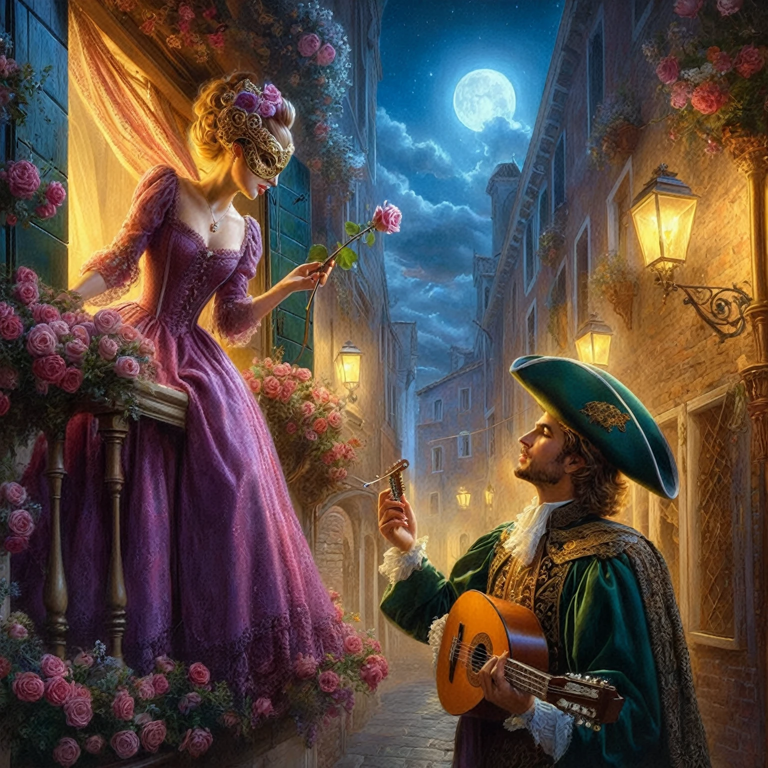 a painting of a man and woman in renaissance dress playing guitar, michael cheval (unreal engine, fantasy victorian art, romantic era painting, romantic painting, by Alexander Kucharsky, inspired by Michael Cheval, swashbuckling and romantic, darrell k sweet, romantic scene, very beautiful fantasy art, beautiful fantasy art, fantasy genre portrait, medieval fantasy art