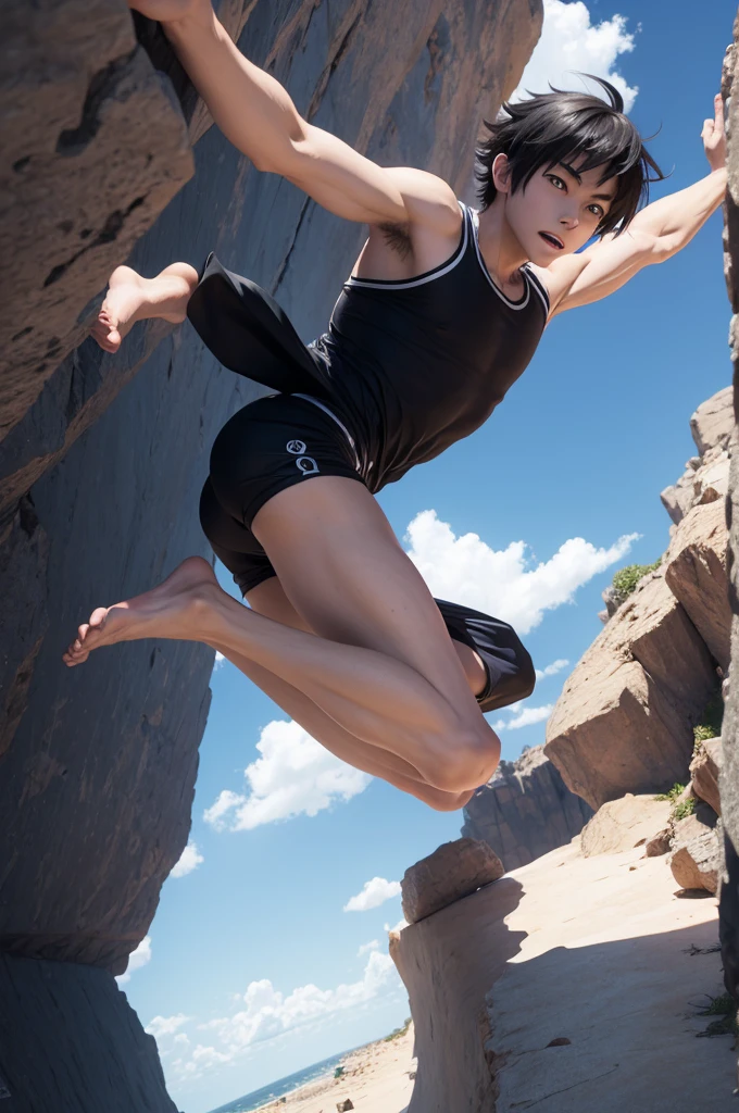 3d anime boy jumping off a cliff, hairless