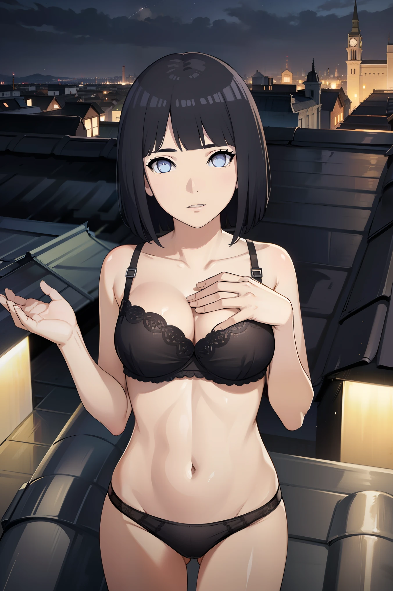 (black hair:1.5), (short hair:1.3), white eyes, ((mature female)),
BREAK (Fancy underwear:1.2),
BREAK (Standing:1.2), ((Night city view, Rooftop:1.3)),
BREAK (masterpiece:1.2), best quality, high resolution, unity 8k wallpaper, (illustration:0.8), (beautiful detailed eyes:1.6), extremely detailed face, perfect lighting, extremely detailed CG, (perfect hands, perfect anatomy),
