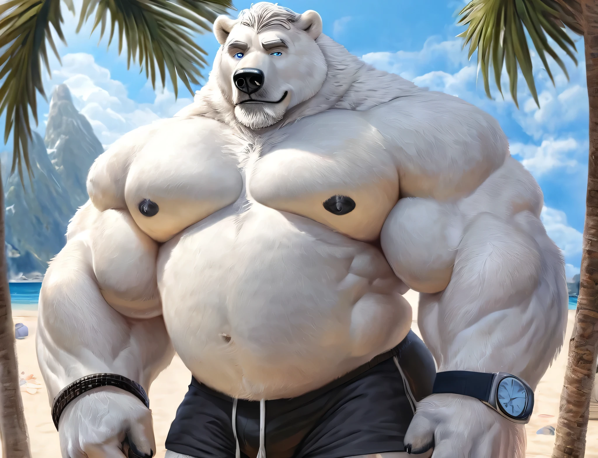 huge muscular polar bear Dad in Tropical Beach, big smirk, polar bear, huge white fur, thick arm, huge arm, bearded. Short white hair and white beard, white mustache, bearded white, (muscular, pectoral, wide pectoral, thick arms), correct anatomy, beach, palm, realistic, detailed grey eyebrows, deatiled eyes with blue pupils, 8k, masterpiece, (wearing black shorts, wristband, watch and shirtless), straining, gainig massive muscle power
