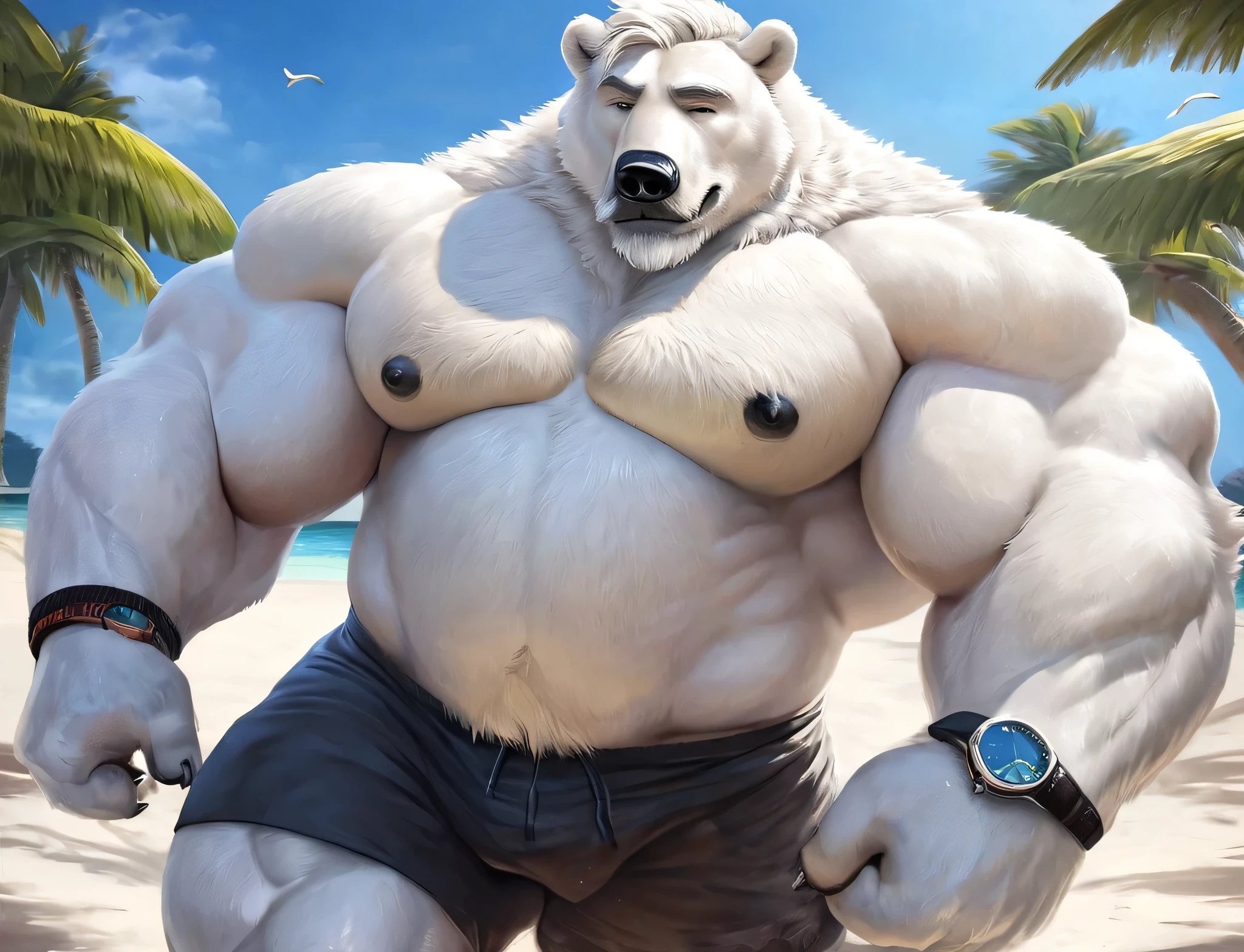 huge muscular polar bear Dad in Tropical Beach, big smirk, polar bear, huge white fur, thick arm, huge arm, bearded. Short white hair and white beard, white mustache, bearded white, (muscular, pectoral, wide pectoral, thick arms), correct anatomy, beach, palm, realistic, detailed grey eyebrows, deatiled eyes with blue pupils, 8k, masterpiece, (wearing black shorts, wristband, watch and shirtless), straining, gainig massive muscle power