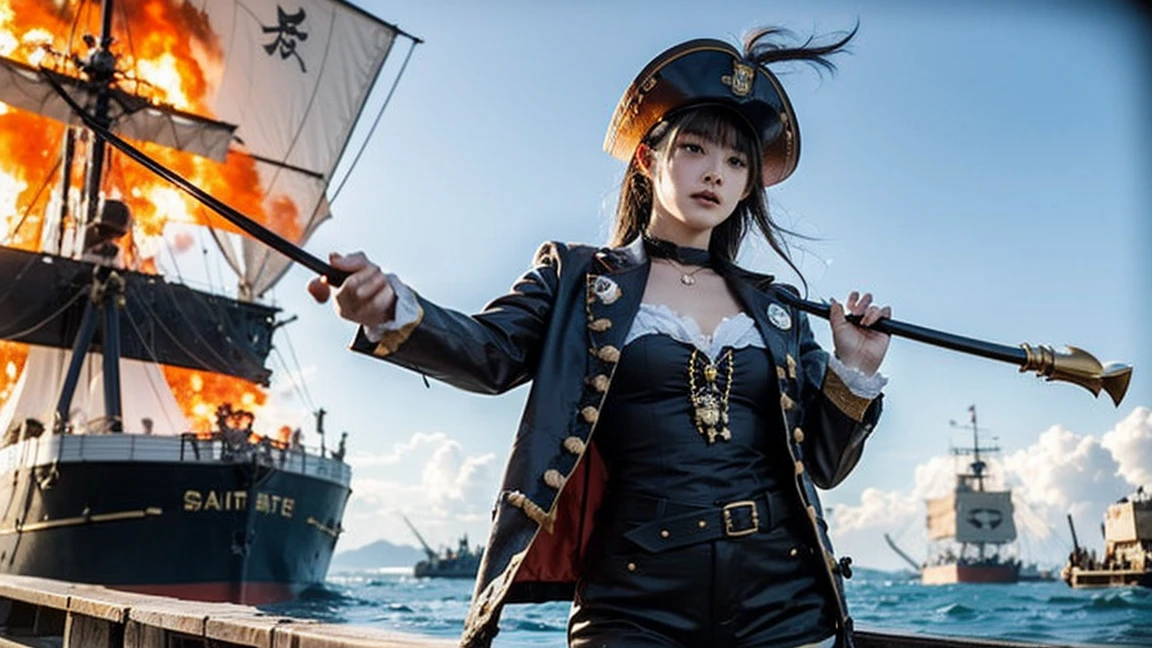 pirate戦争, Dramatic, One Girl, bangs, Black Hair, pirate, pirate hat, deck, coat,Eye patch, Fierce naval battle, Brawl, pirateの旗, Artillery fire, Shattered Ship, Splash, Cannon smoke, Black sail, Fire and Destruction, bullets flying, cutlass