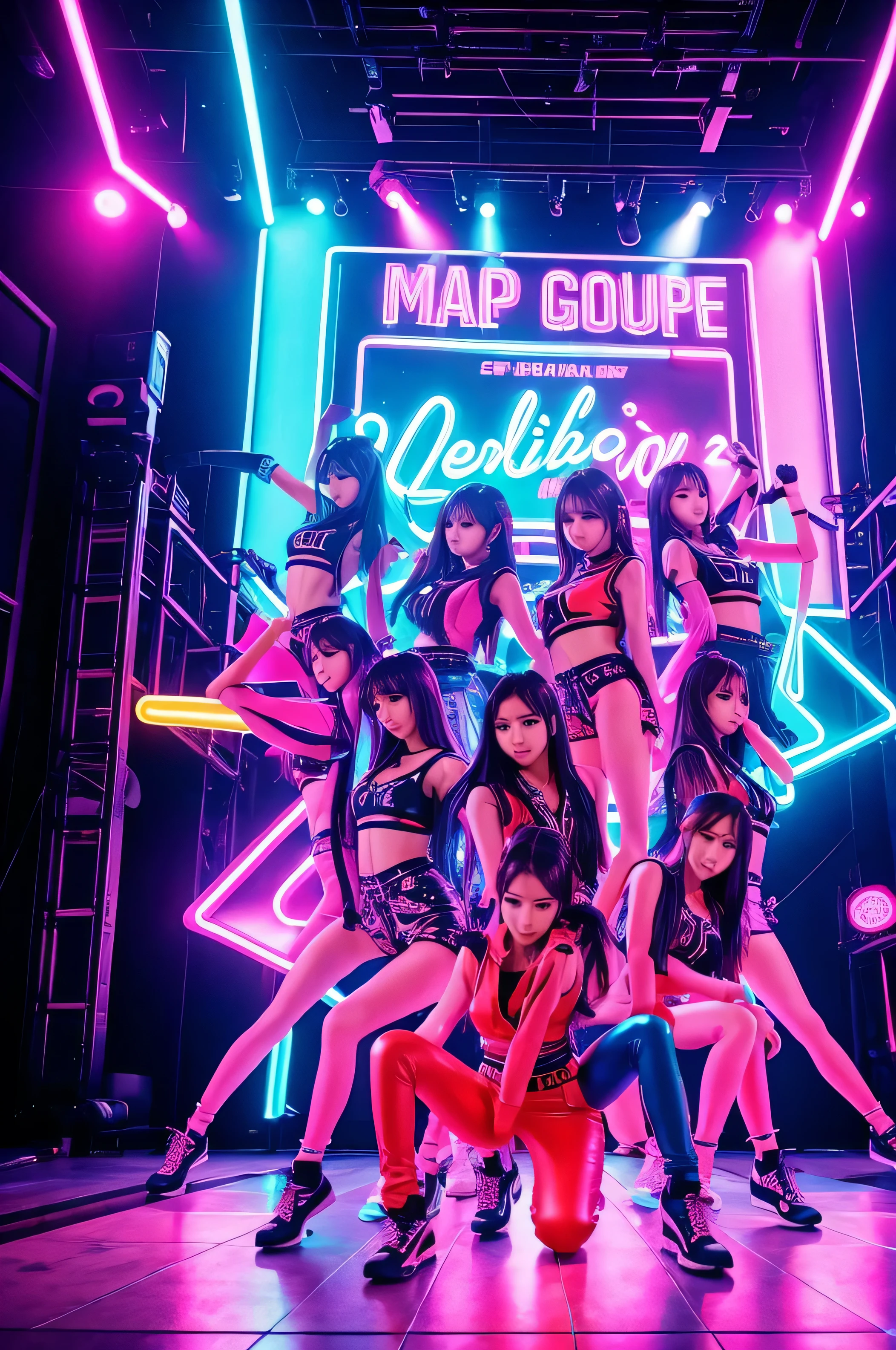female K-Pop group, of 7 girls with features between Korean and Japanese, young and very pretty, they are dancing , the members who appear at the front of the formation are crouching, and the tallest at the end of the formation are stops. some wear  and others wear neon leather pants. They are on a stage with many neon lights of various colors, in the background of the stage you can see a dream landscape. and at the top of the image a sign in neon lights that says: "Neon Bliss" in a graffiti font style