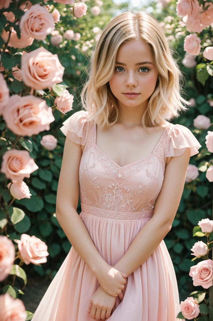 8k, raw photo, fujifilm, Style photography of a beautiful young girl like Avril in a light pink rose garden. (very detailed skin: 1.2) Style-Petal BREAK short hair, blonde hair with colored highlights, wearing a dress, film grain, 35mm, beautiful style