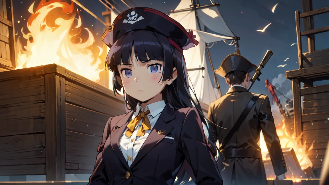 pirate戦争, Dramatic, One Girl, Hime cut, (ruri gokou), Red eyes, pirate, pirate hat, deck, coat, Eye patch, Fierce naval battle, Brawl, pirateの旗, Artillery fire, Shattered Ship, Splash, Cannon smoke, Black sail, Fire and Destruction, bullets flying, cutlass