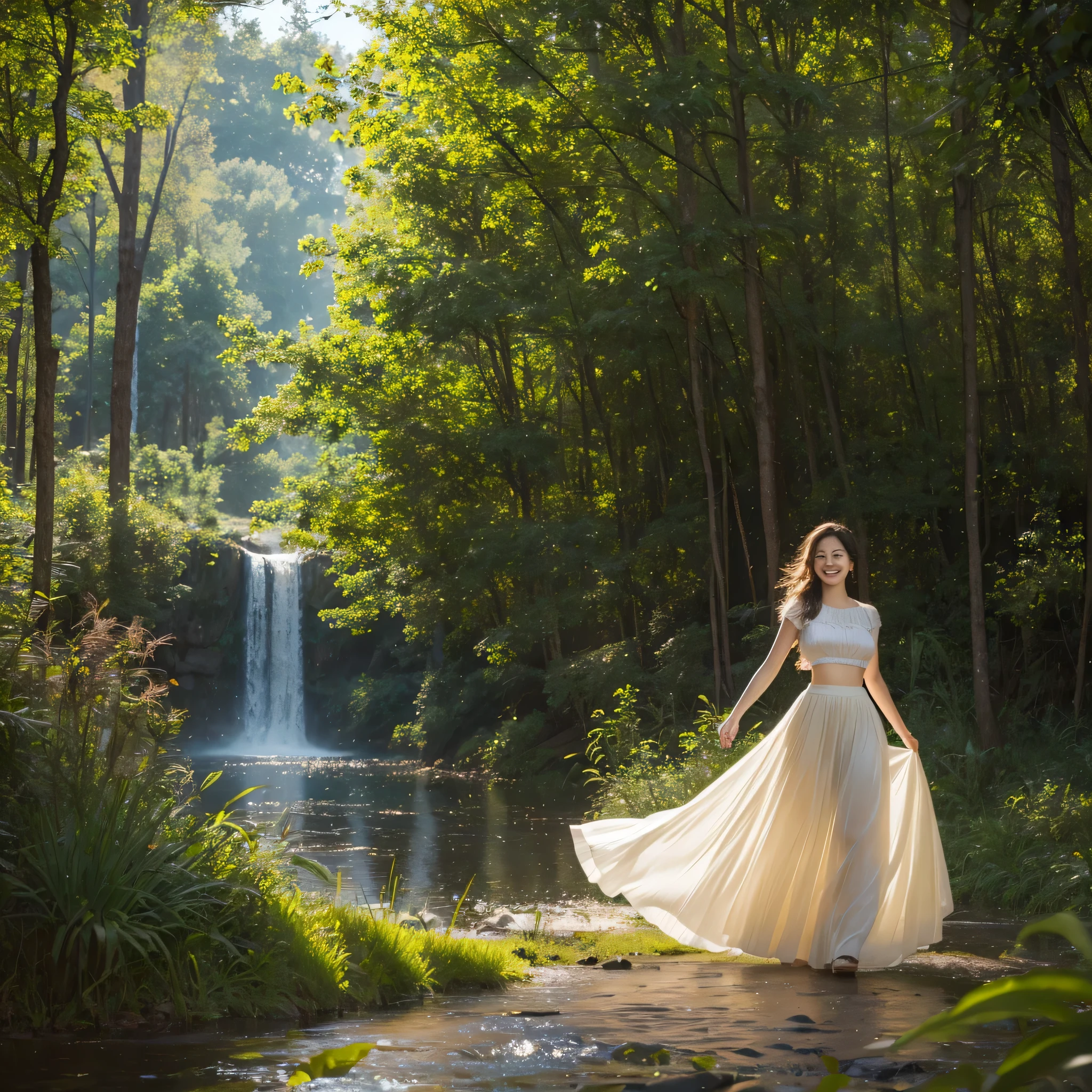 high resolution, (Official Art, beautiful and aesthetic: 1.2), See it up close, The Wide World, girl, running, Refreshing Smile, Long skirt, Distant Horizon, forest, Natural Beauty, inspiration, Lighting Effects