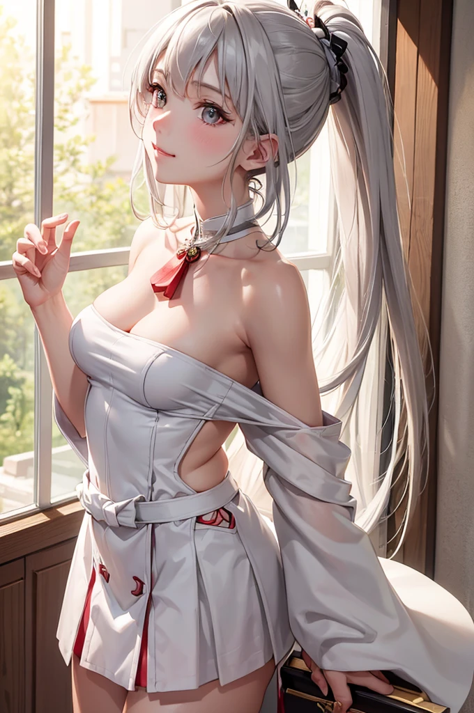 Best Quality,High resolution,8k,finelity detailed background,Masterpiece:1.2),beautiful girl,Glossy romance gray hair,pony tail,Gray eyes,Gentle look,A refreshing look,smile,Best quality,Best Quality,Aesthetic and aesthetic:1.2,Best details((Super detailed))(High-definition CG illustrations),nontraditional miko,Slender body,shrine,smile,blush,cute,Scrounge,Looking up,Being spoiled,super model,shoot from,below