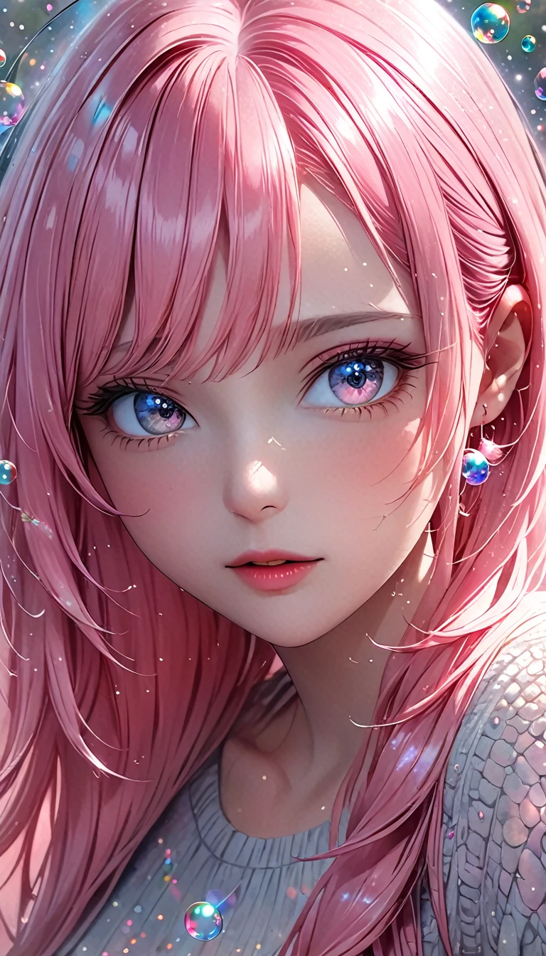 beautiful young woman with long pink hair,  portrait, shading effects, gradation magic effects, glitter effects, soap bubbles effects, foggy filter effect, (ultra detailed, absolutely resolution, best quality:1.3), 2.5D, delicate and dynamic, artistic photography, hyper realistic, graphic CG digital art, 