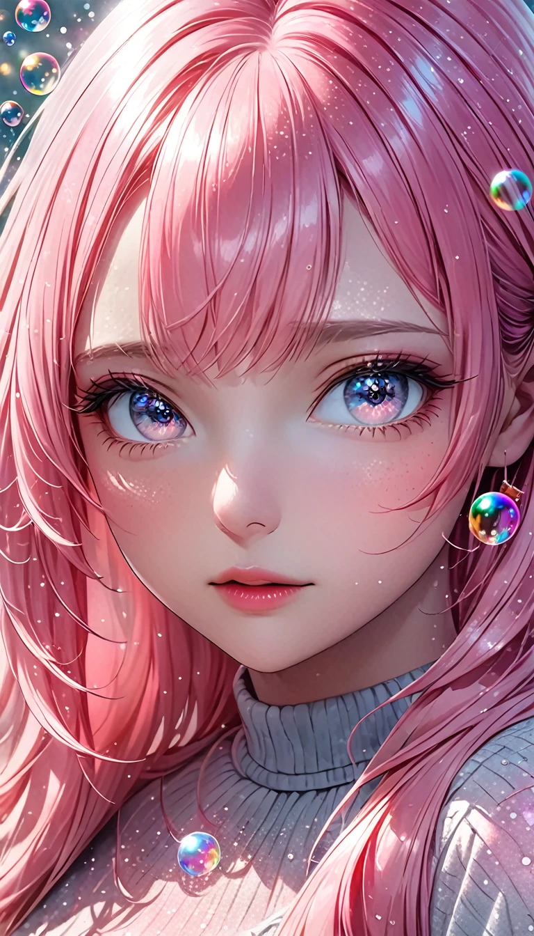 beautiful young woman with long pink hair, portrait, shading effects, gradation magic effects, glitter effects, soap bubbles effects, foggy filter effect, (ultra detailed, absolutely resolution, best quality:1.3), 2.5D, delicate and dynamic, artistic photography, hyper realistic, graphic CG digital art,