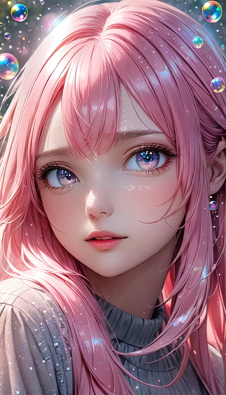 beautiful young woman with long pink hair,  portrait, shading effects, gradation magic effects, glitter effects, soap bubbles effects, foggy filter effect, (ultra detailed, absolutely resolution, best quality:1.3), 2.5D, delicate and dynamic, artistic photography, hyper realistic, graphic CG digital art, 