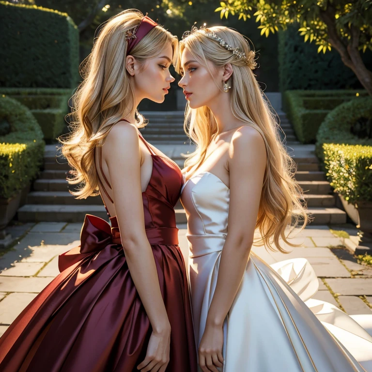 (​masterpiece, best quality:1.5), highest quality, High resolution, super detailed, Realists, Upper body photo of a blonde woman, detailed and beautiful eyes, beautiful detailed lips, very detailed eyes and face, longeyelashes, Woman in shiny satin evening dress, silver and red satin bows around the belly, Beautiful and colorful makeup, long open hair with satin headband, elegant and noble々Pose, shiny satin headband, Gardens as background, soft daylight, bright colors, fine brushstrokes, Portrait style, Noble details in the dress fabric, beautiful color palette, glowing skin, First-class rendering, that captures every detail, enchanting atmosphere, subtle shadows and lights, (perfect anatomy:1.2), (Two stunning women are deeply in love:1.4), (kiss:1.2), (magnificent panorama view:1.2)