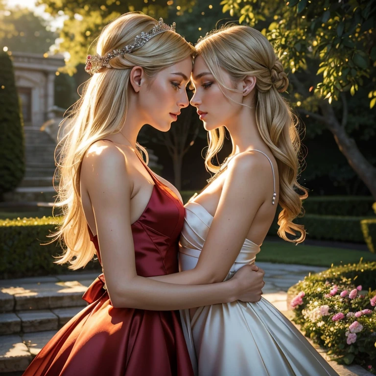 (​masterpiece, best quality:1.5), highest quality, High resolution, super detailed, Realists, Upper body photo of a blonde woman, detailed and beautiful eyes, beautiful detailed lips, very detailed eyes and face, longeyelashes, Woman in shiny satin evening dress, silver and red satin bows around the belly, Beautiful and colorful makeup, long open hair with satin headband, elegant and noble々Pose, shiny satin headband, Gardens as background, soft daylight, bright colors, fine brushstrokes, Portrait style, Noble details in the dress fabric, beautiful color palette, glowing skin, First-class rendering, that captures every detail, enchanting atmosphere, subtle shadows and lights, (perfect anatomy:1.2), (Two stunning women are deeply in love:1.4), (kiss:1.2), (magnificent panorama view:1.2)