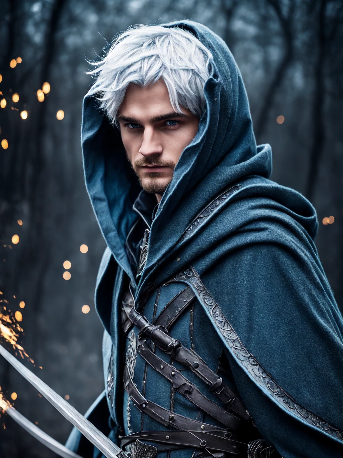 Wizard a young man, he has a silver hair and blue eyes, he wear a hood and wear gloves ,rapier.