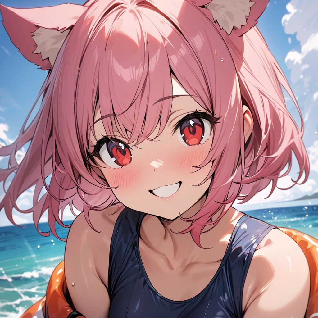 Top quality, masterpiece, high resolution, pink hair, girl with animal ears, red eyes, wearing a life jacket over a school swimsuit, ocean, smile